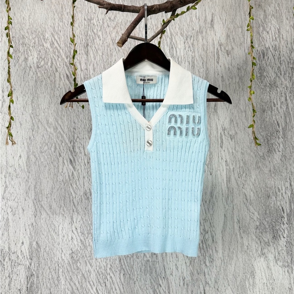 Miu Miu Pale Blue Sleeveless Knit Polo with White Collar and Logo